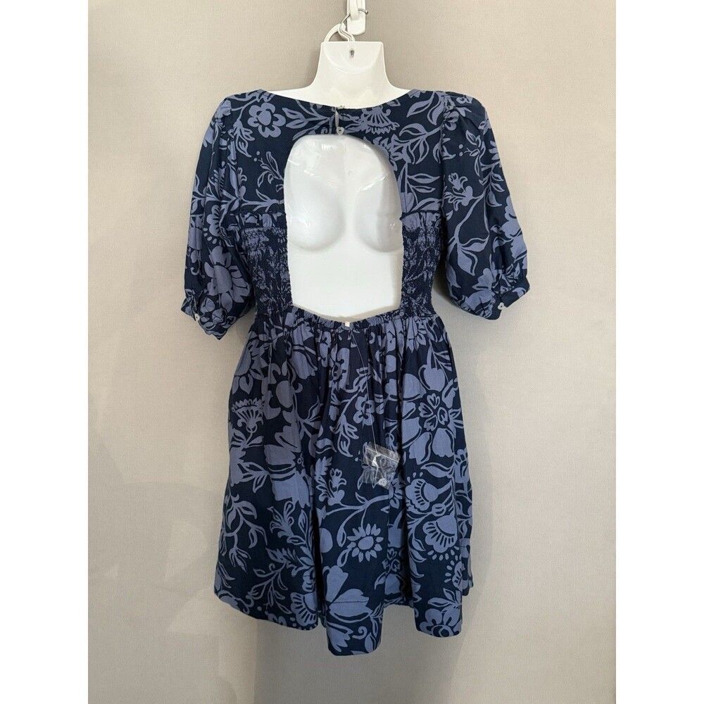 Free People Delilah Mini Dress XS Blue Floral Puff Sleeve Smocked Backless New